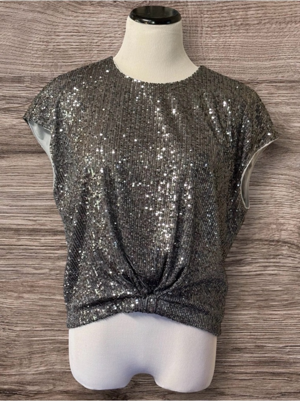 Ann Taylor LOFT silver/black sequins Front Tie short sleeve blouse top